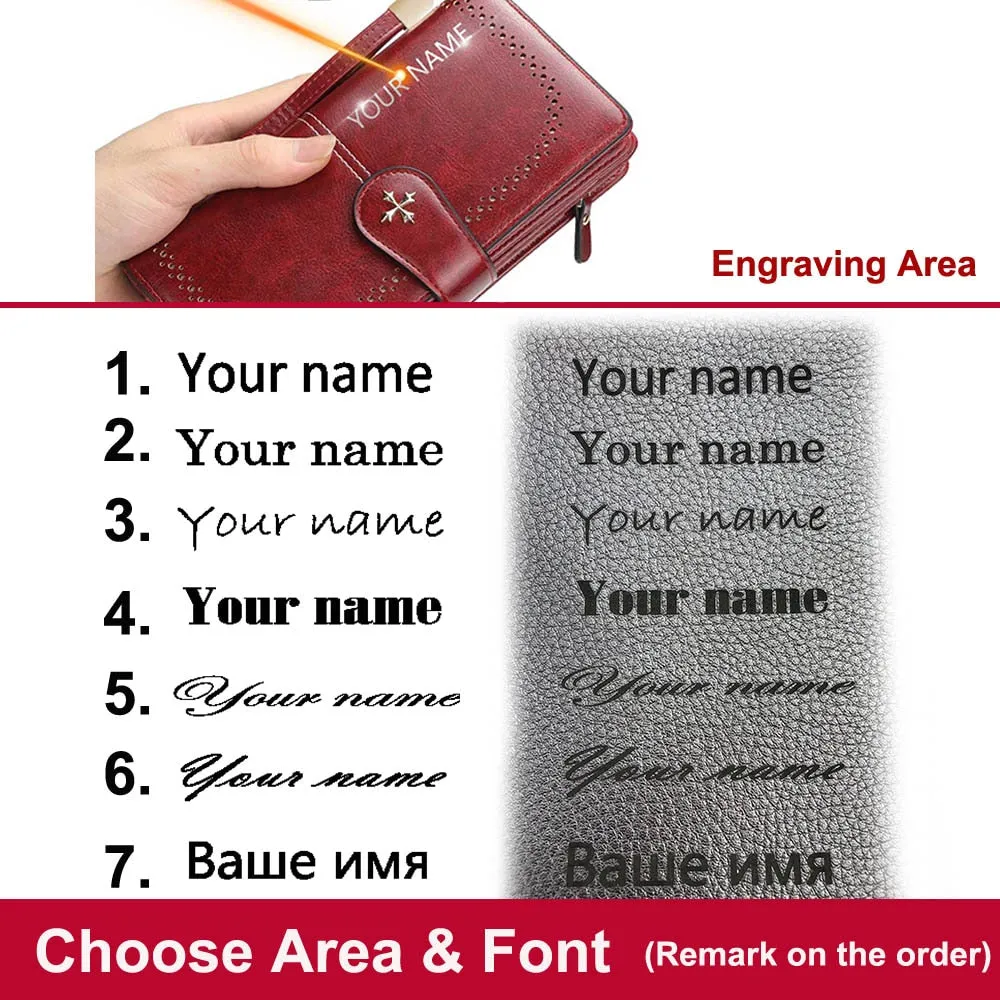 2022 Large Women Wallets Name Engraving Hollow Out Long Wallet Fashion Top Quality PU Leather Card Holder Wallet For Women