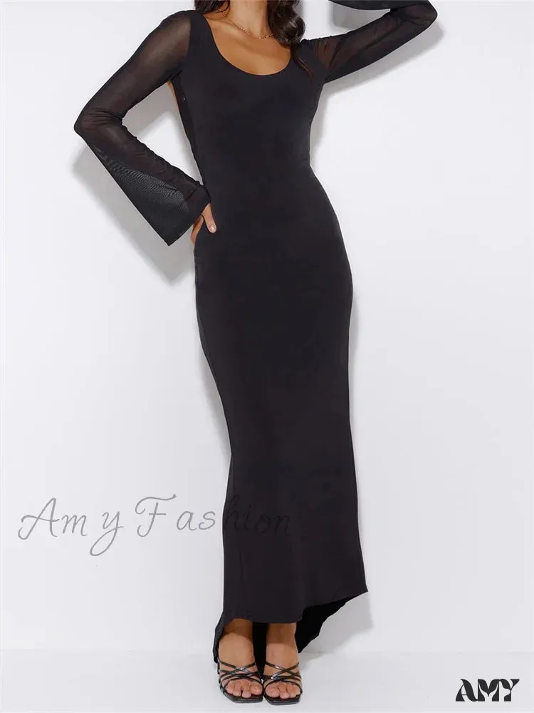 Amy Fashion - Sexy Women  Mesh  Sleeve Backless Ruched Lace-up Solid Color Party Female Irregular Hem Vestidos