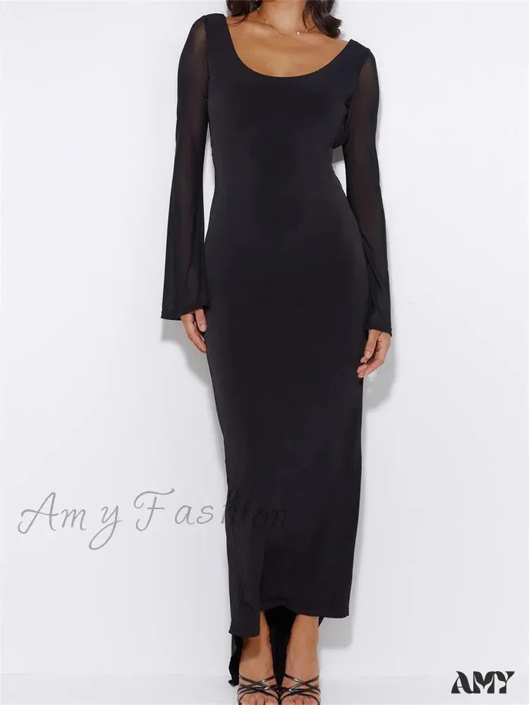 Amy Fashion - Sexy Women  Mesh  Sleeve Backless Ruched Lace-up Solid Color Party Female Irregular Hem Vestidos