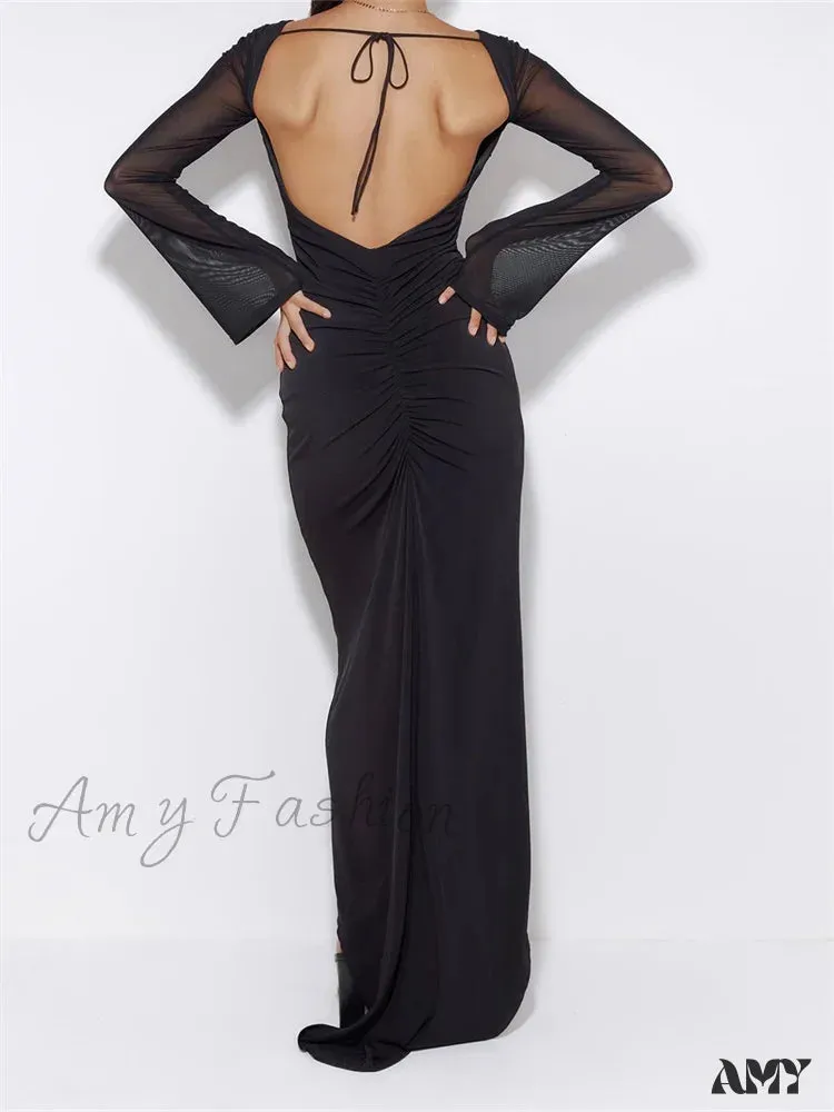 Amy Fashion - Sexy Women  Mesh  Sleeve Backless Ruched Lace-up Solid Color Party Female Irregular Hem Vestidos
