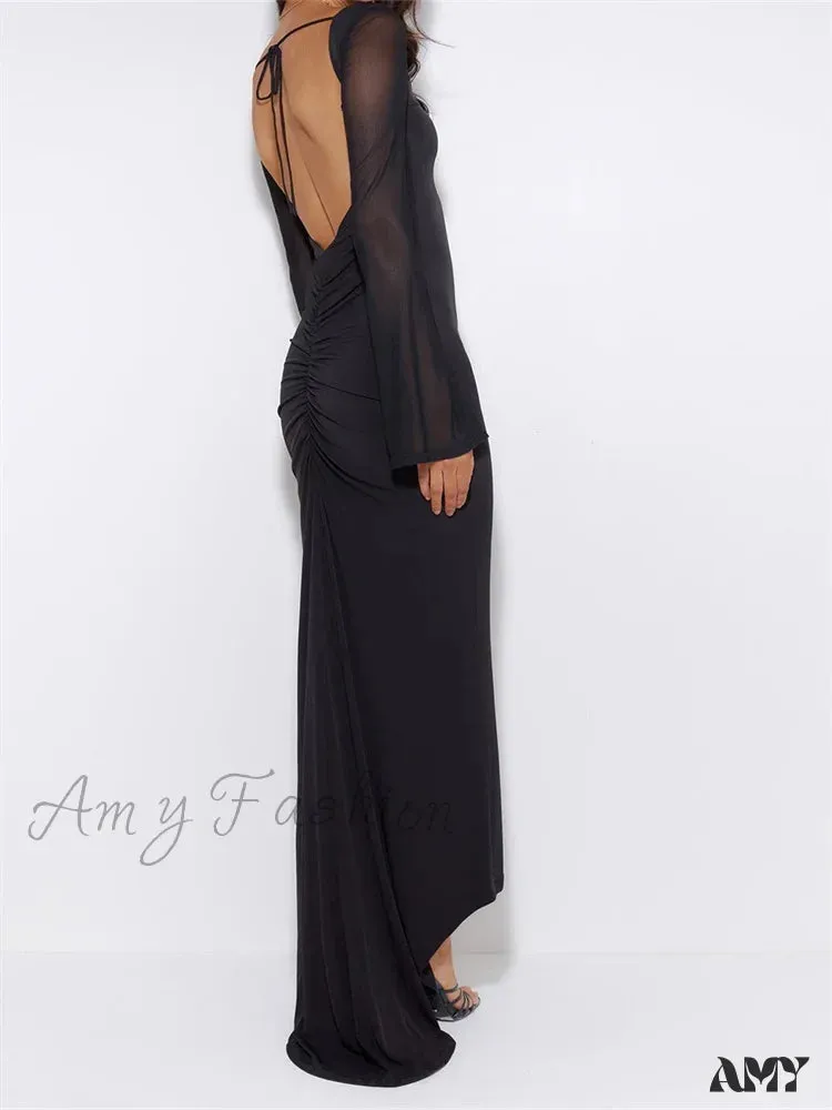 Amy Fashion - Sexy Women  Mesh  Sleeve Backless Ruched Lace-up Solid Color Party Female Irregular Hem Vestidos