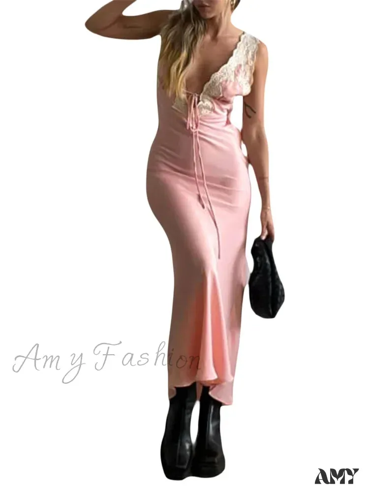 Amy Fashion - Women Backless  Sexy Floral Print Sleeveless Lace V-neck Cocktail Slim Spaghetti Strap Vestidos Party