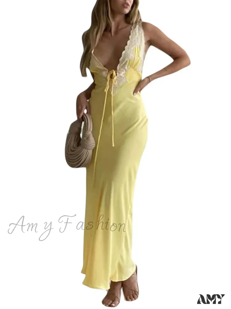 Amy Fashion - Women Backless  Sexy Floral Print Sleeveless Lace V-neck Cocktail Slim Spaghetti Strap Vestidos Party