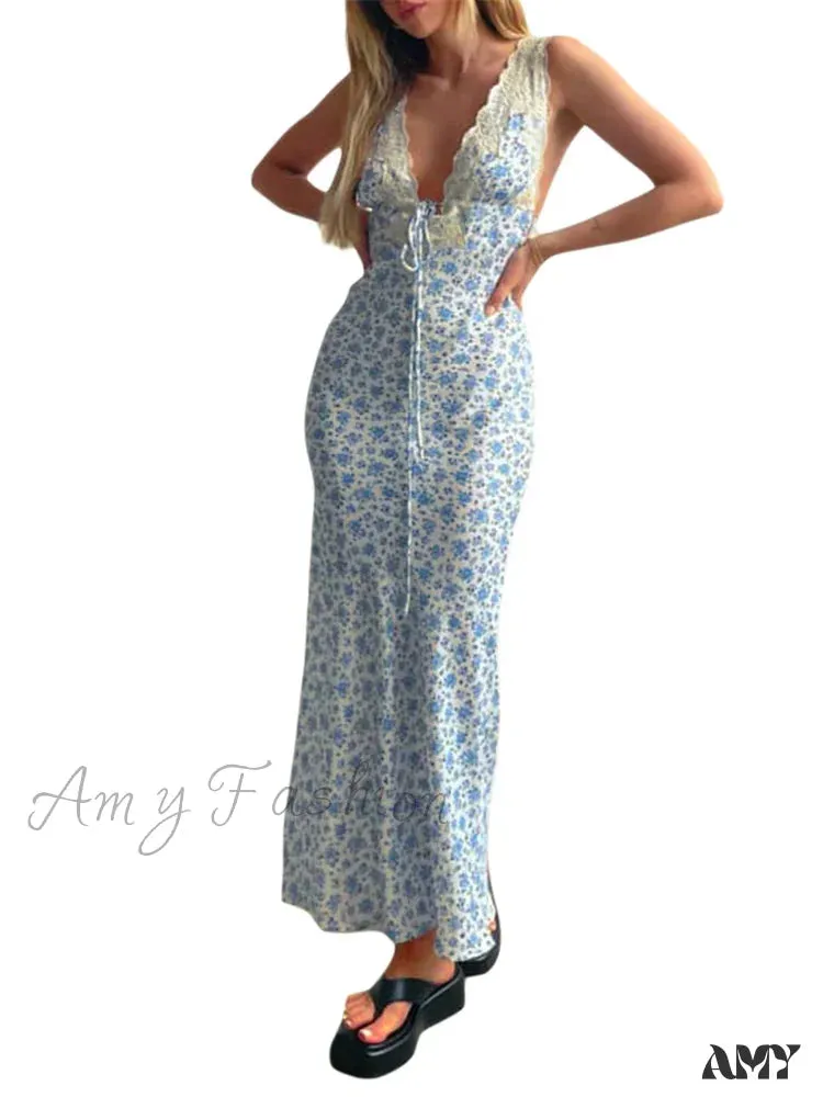 Amy Fashion - Women Backless  Sexy Floral Print Sleeveless Lace V-neck Cocktail Slim Spaghetti Strap Vestidos Party