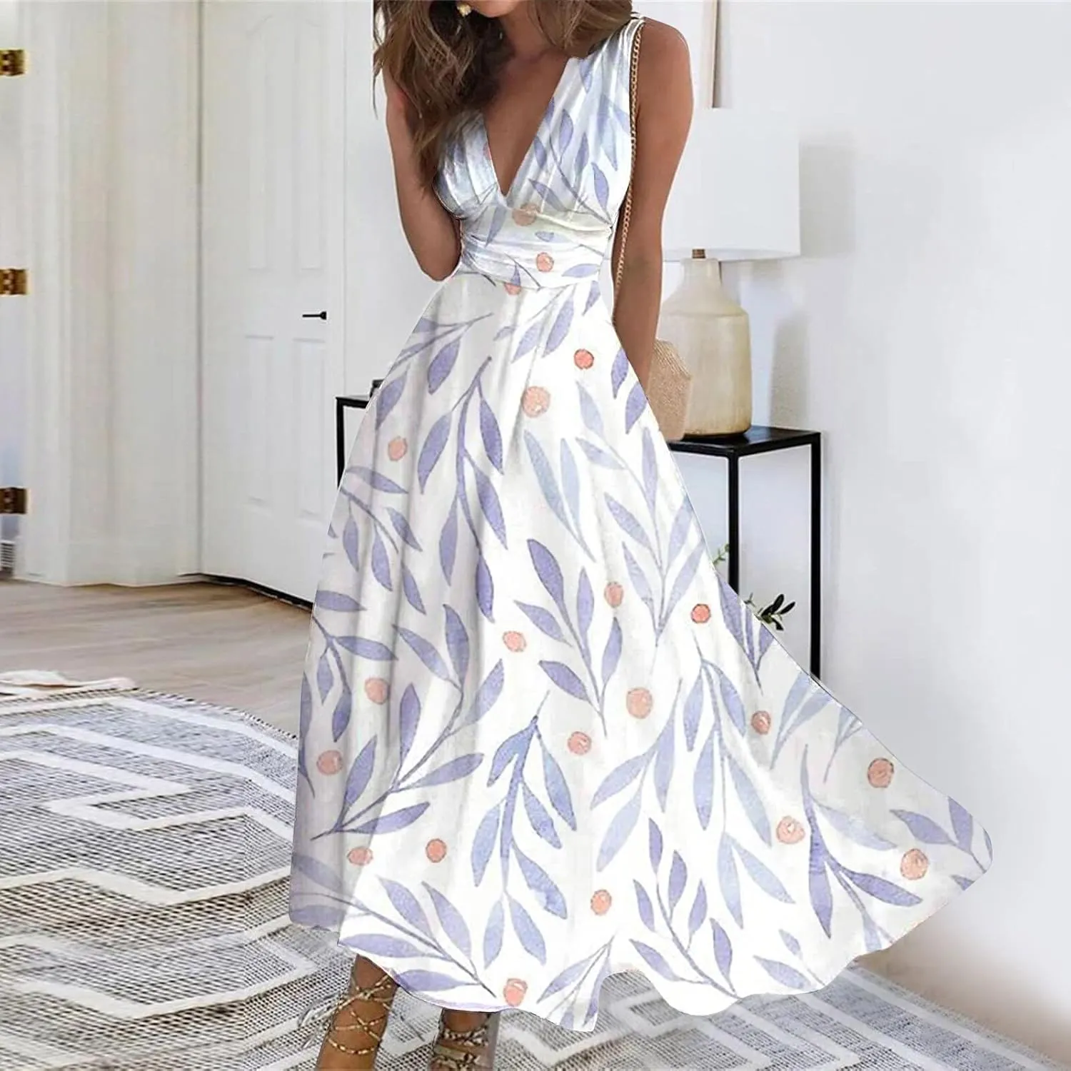 Azeralia Sundresses for Women 2024, Summer Elegant Wrap V Neck Sleeveless Maxi Dress Trendy Floral Print Flowy Beach Dresses