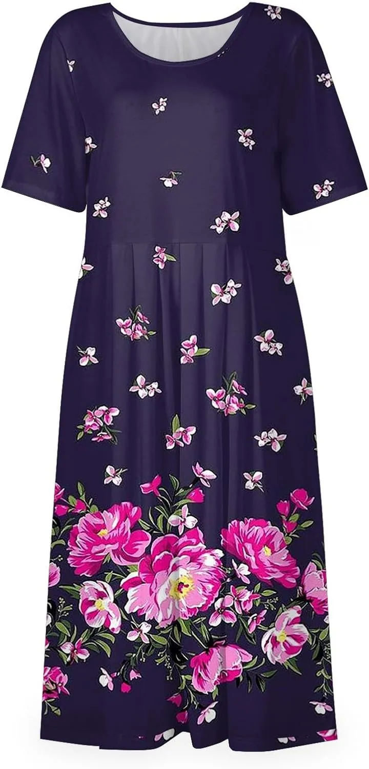 Beach Dresses for Women 2024 Summer Plus Size Short Sleeve Basic Dresses Print O Neck Flowy Dress with Pockets