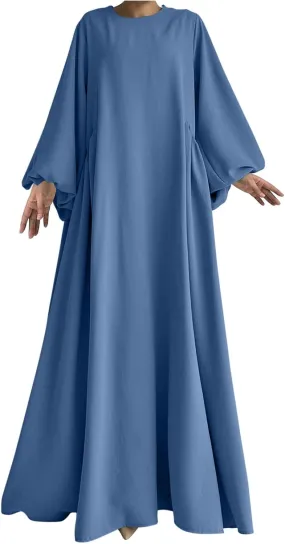 Borniu Women Muslim Prayer Dress Loose Solid Color Dubai Maxi Dresses Lightweight Long Sleeves Islamic Abaya Outfit Clothes