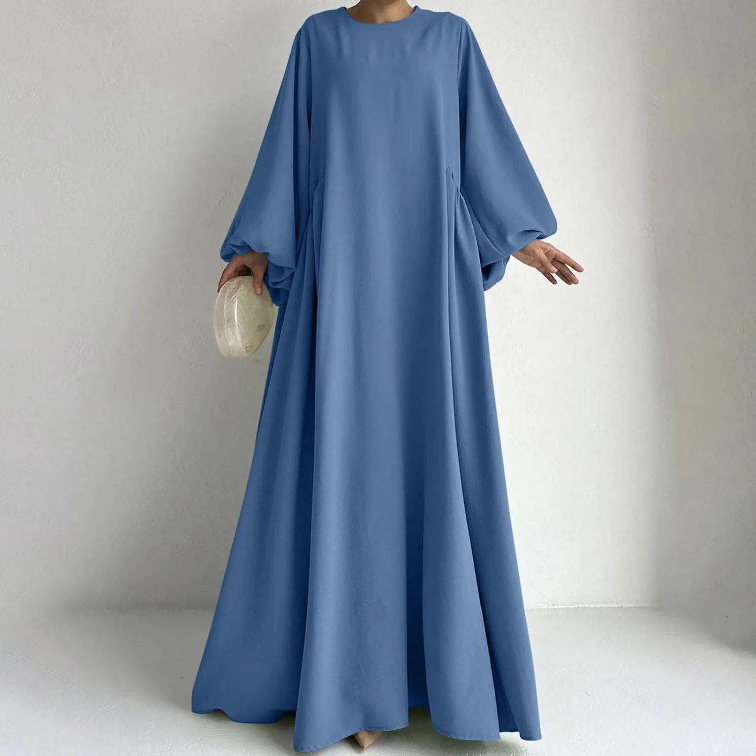 Borniu Women Muslim Prayer Dress Loose Solid Color Dubai Maxi Dresses Lightweight Long Sleeves Islamic Abaya Outfit Clothes