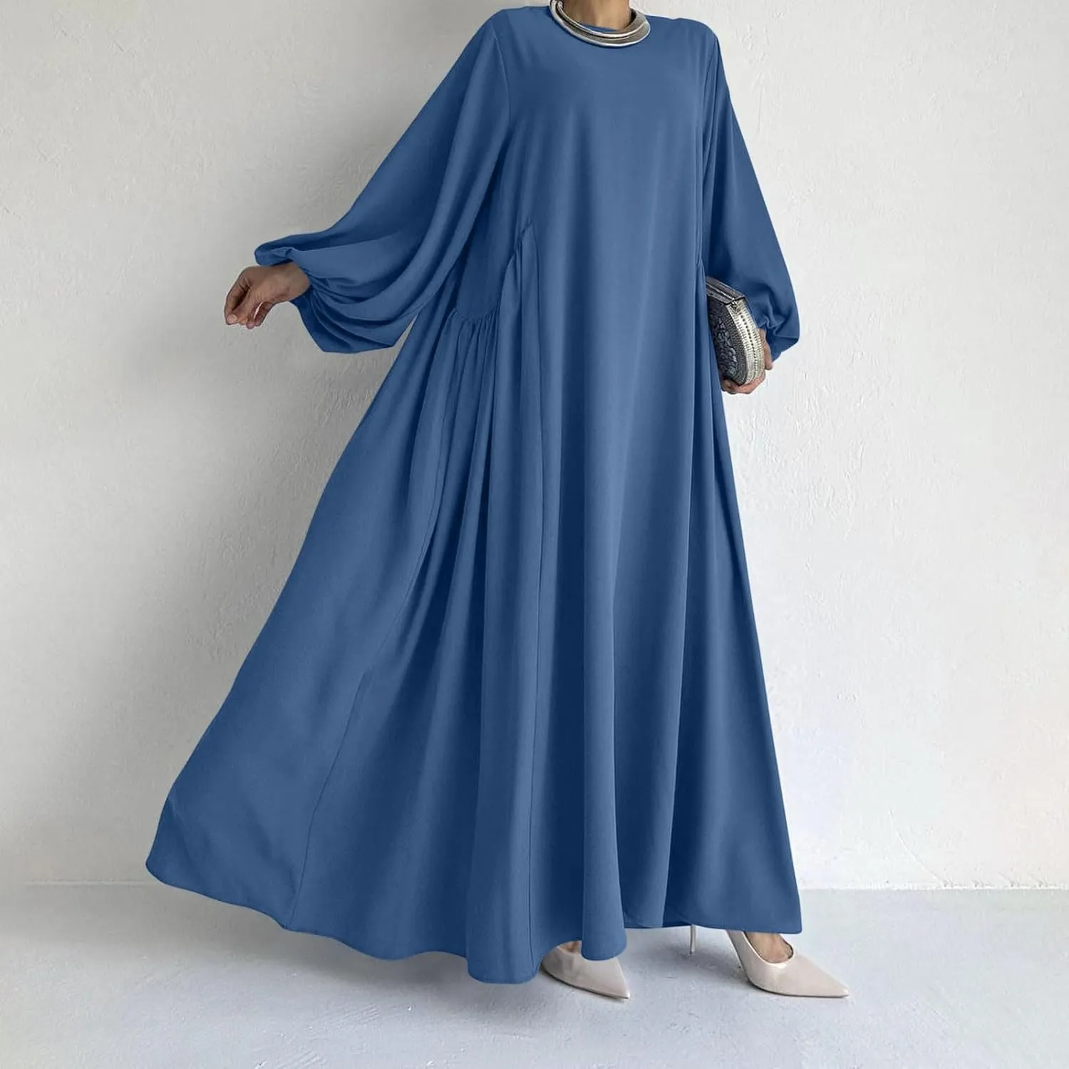 Borniu Women Muslim Prayer Dress Loose Solid Color Dubai Maxi Dresses Lightweight Long Sleeves Islamic Abaya Outfit Clothes