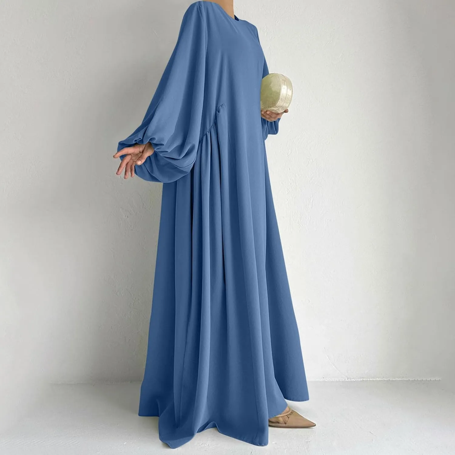 Borniu Women Muslim Prayer Dress Loose Solid Color Dubai Maxi Dresses Lightweight Long Sleeves Islamic Abaya Outfit Clothes