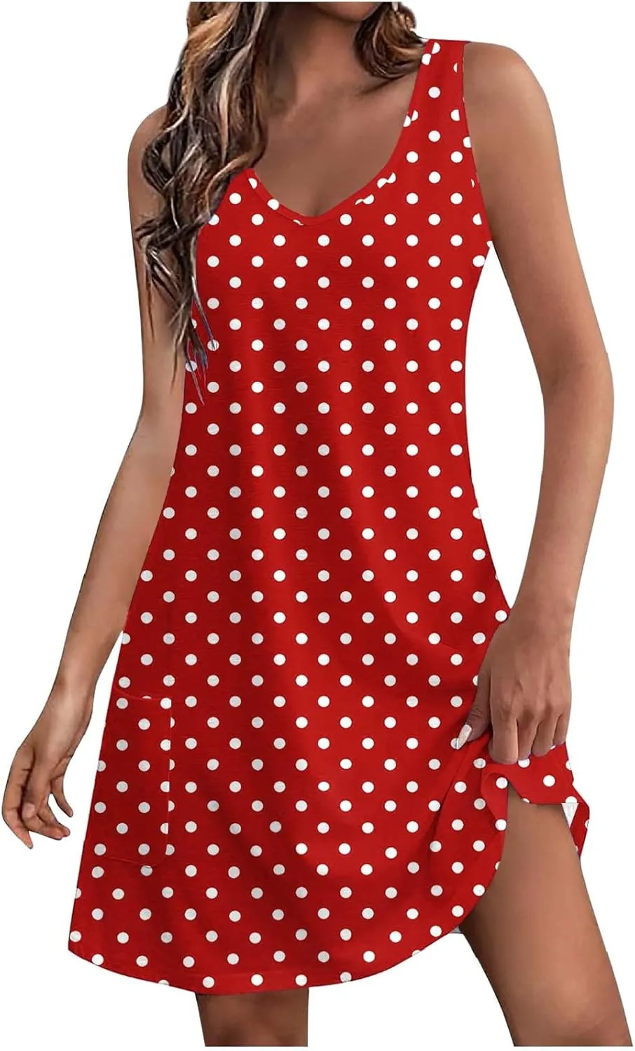 Borniu Women's Summer Casual V Neck Sundresses Polka Dots Knee Length Sleeveless A Line Tank Dress Beach Vocation Dresses