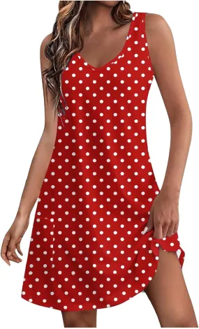 Borniu Women's Summer Casual V Neck Sundresses Polka Dots Knee Length Sleeveless A Line Tank Dress Beach Vocation Dresses