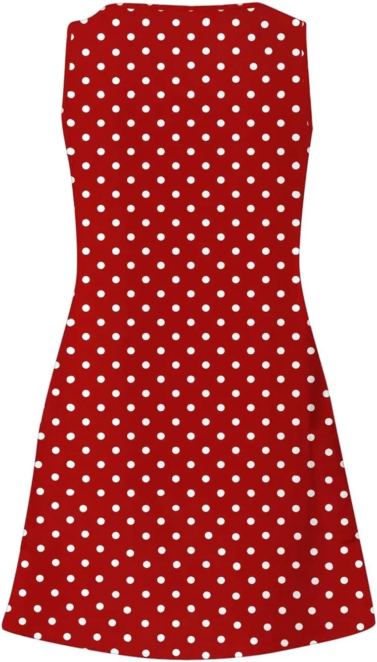 Borniu Women's Summer Casual V Neck Sundresses Polka Dots Knee Length Sleeveless A Line Tank Dress Beach Vocation Dresses