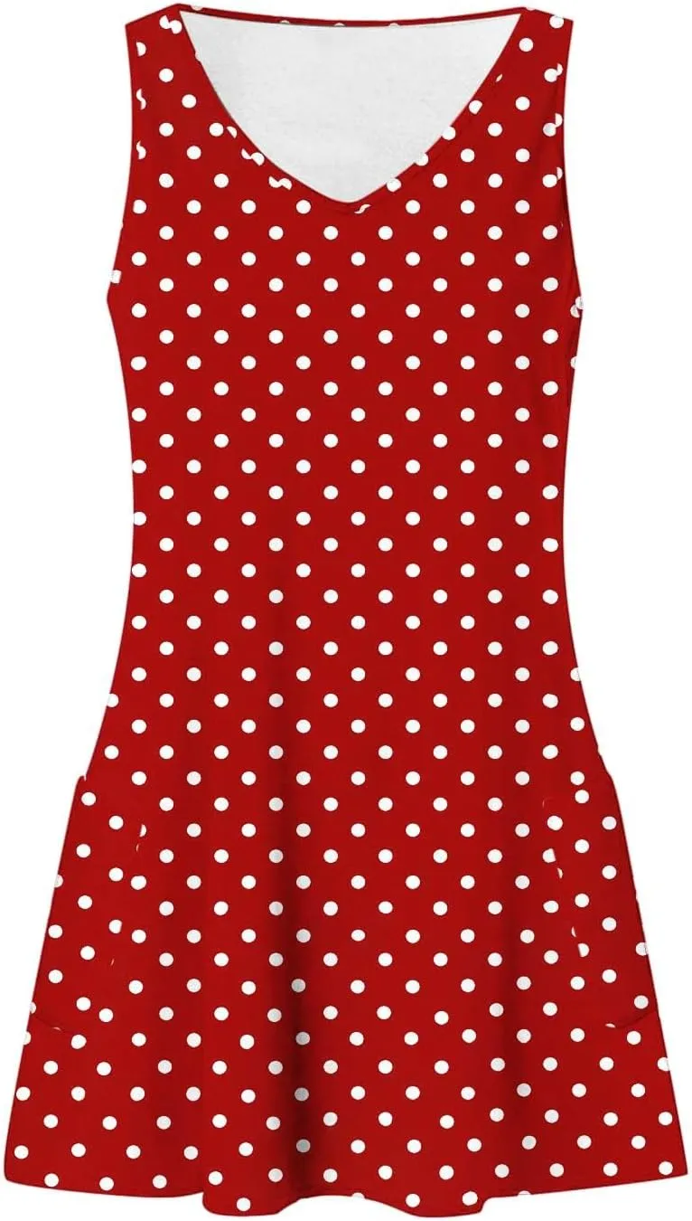 Borniu Women's Summer Casual V Neck Sundresses Polka Dots Knee Length Sleeveless A Line Tank Dress Beach Vocation Dresses