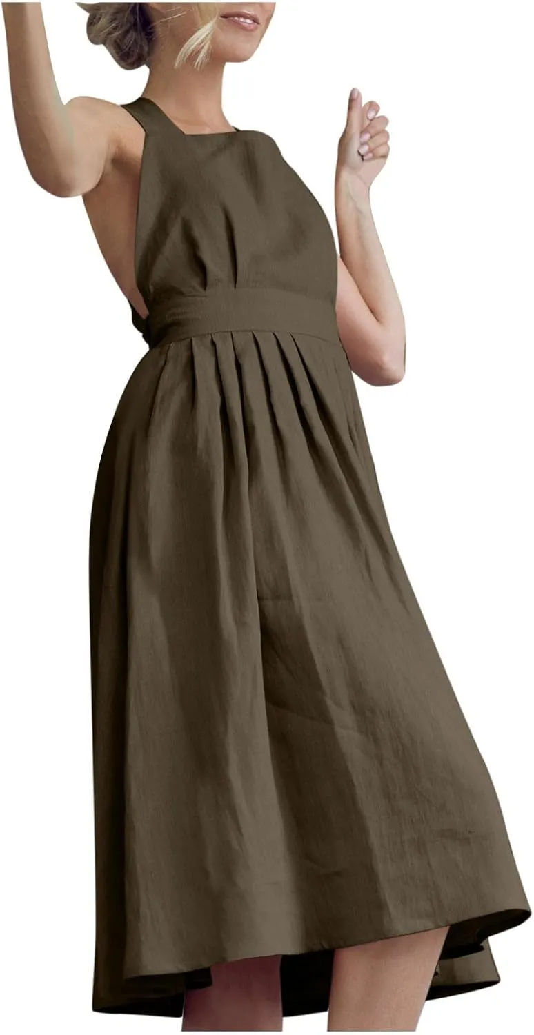 Borniu Women's Summer Open Back Cotton Linen Midi Dress 2025 Elegant Crossover High Waist Swing Flowy Beach Long Dresses