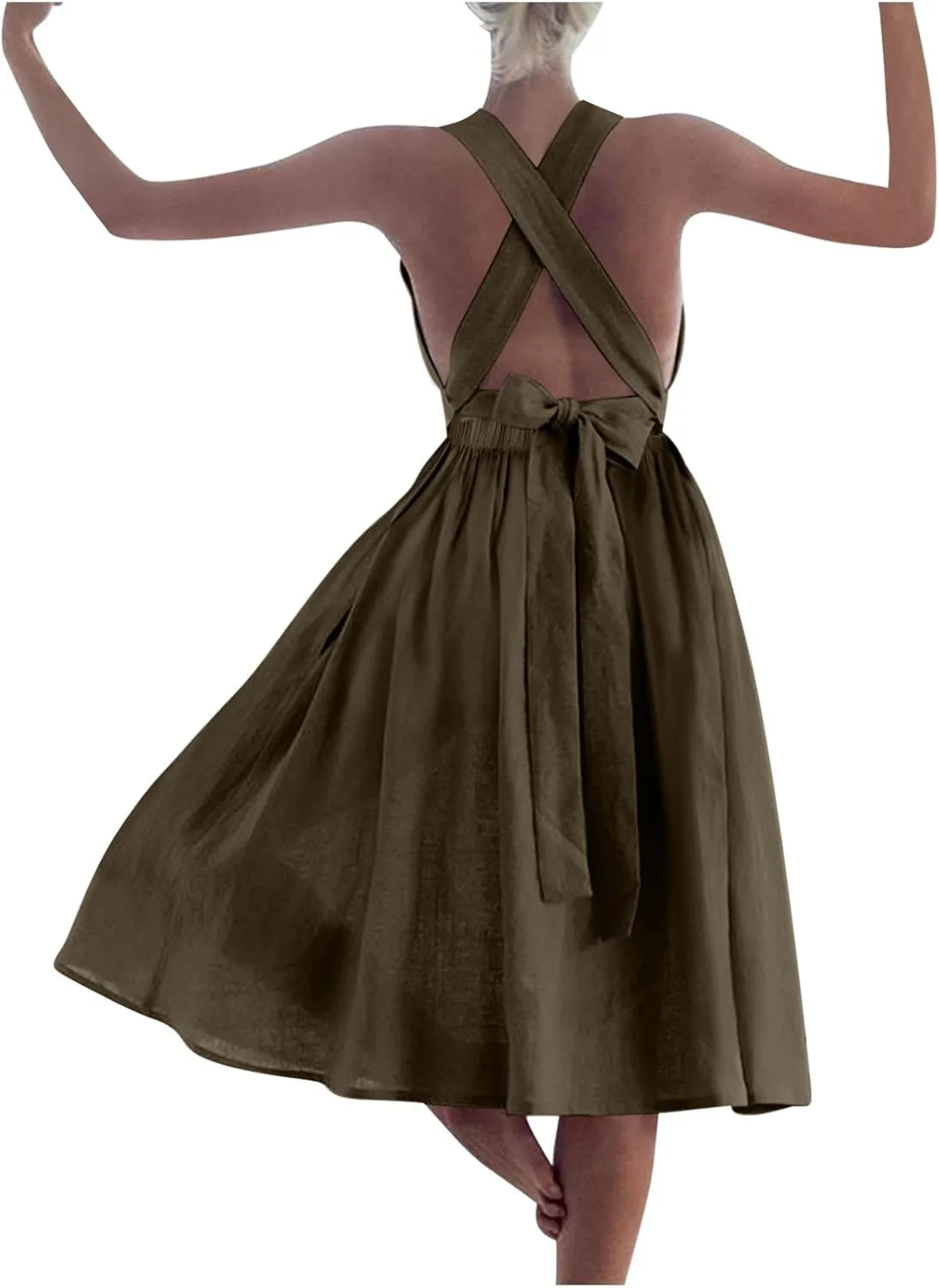 Borniu Women's Summer Open Back Cotton Linen Midi Dress 2025 Elegant Crossover High Waist Swing Flowy Beach Long Dresses