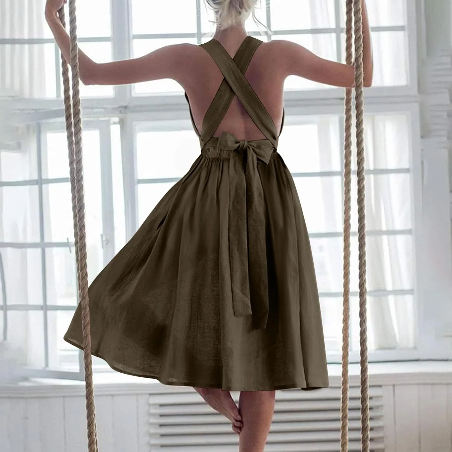 Borniu Women's Summer Open Back Cotton Linen Midi Dress 2025 Elegant Crossover High Waist Swing Flowy Beach Long Dresses