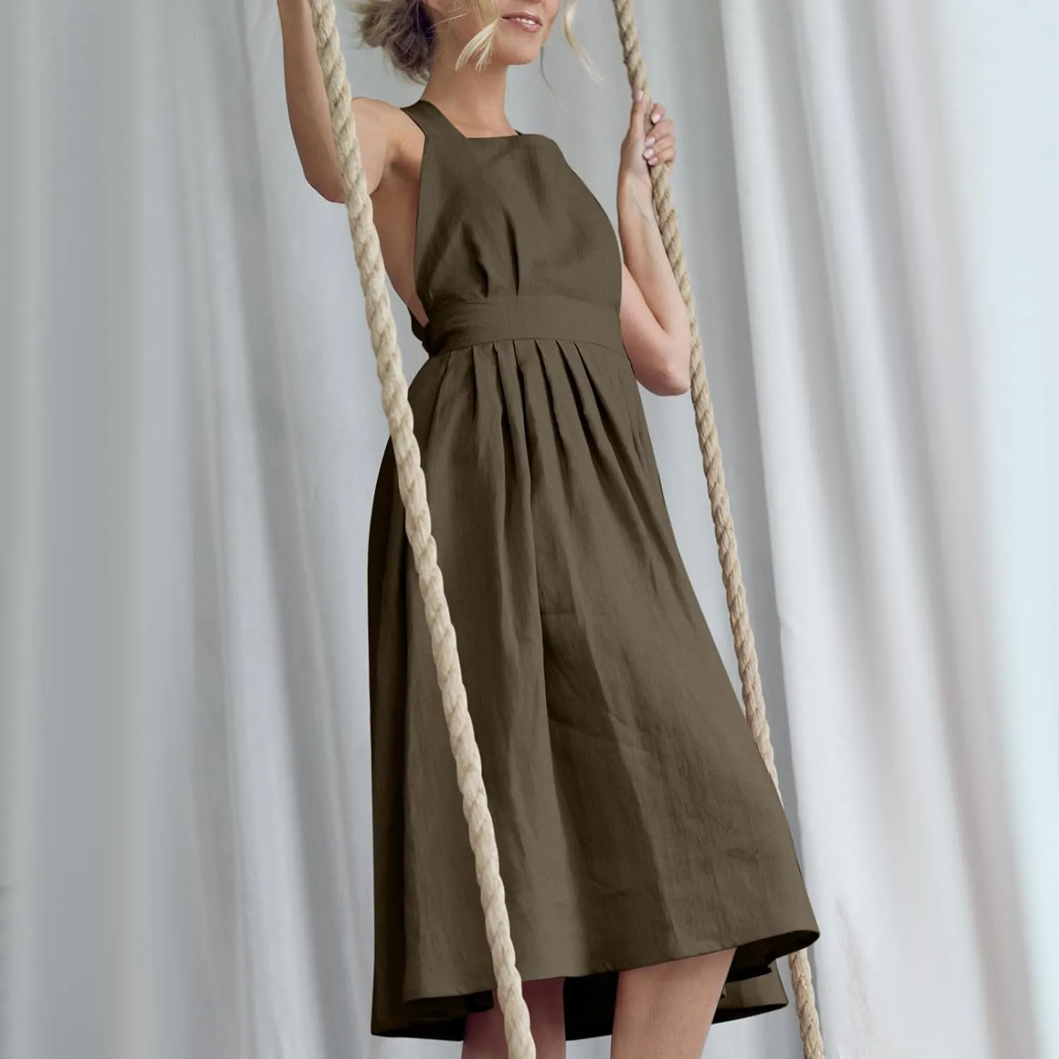Borniu Women's Summer Open Back Cotton Linen Midi Dress 2025 Elegant Crossover High Waist Swing Flowy Beach Long Dresses