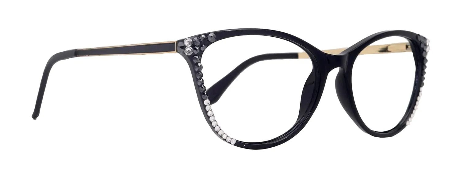 Cattitude Bling Cat Eyes, Women Reading Glasses Adorned Top W (Clear N Hematite) Genuine European Crystals (Black) Frame, NY Fifth Avenue. ( 2.25) ( 1.75)
