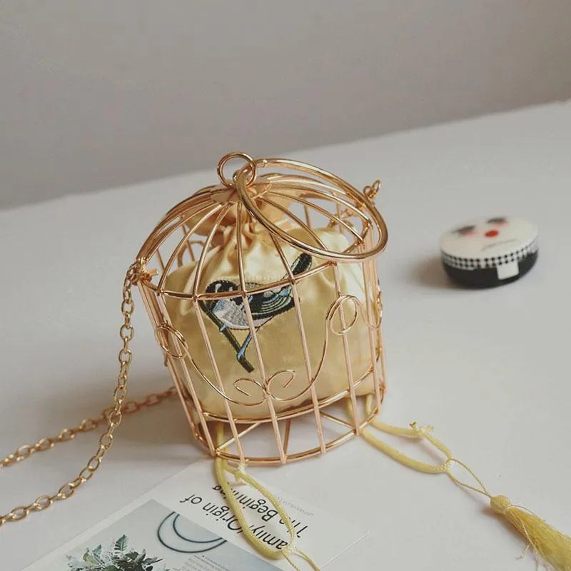 Christmas Gift Women's Birdcage Evening Bag Clutch Metal Frame Embroidery Bucket Bird Cage Mini Bag Purse Women Gold Tassel Handbag