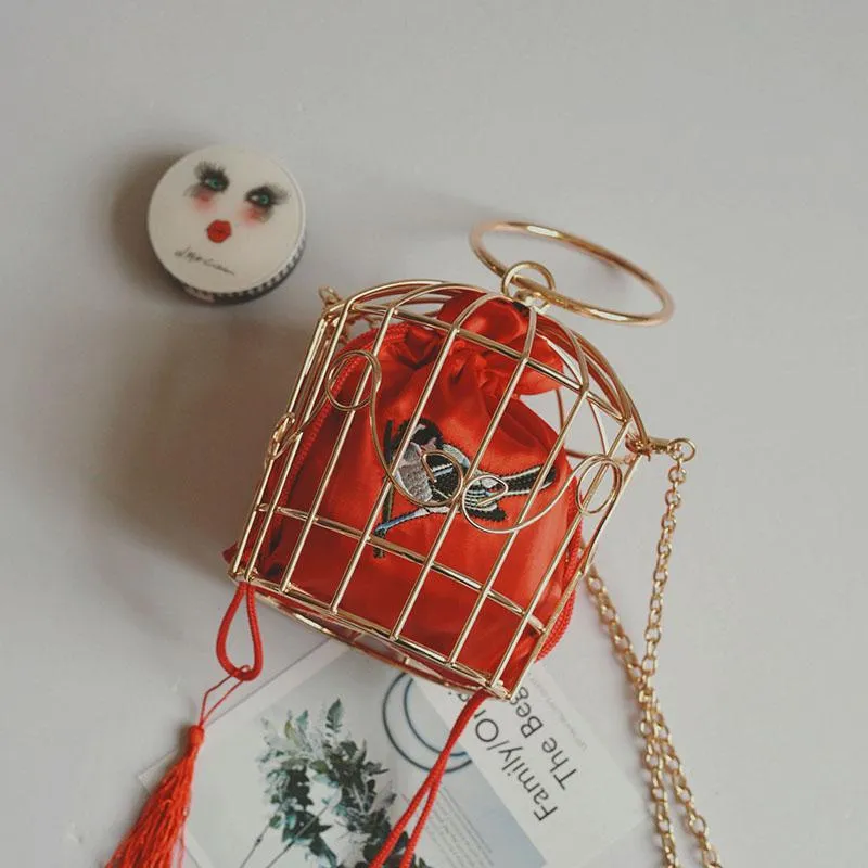 Christmas Gift Women's Birdcage Evening Bag Clutch Metal Frame Embroidery Bucket Bird Cage Mini Bag Purse Women Gold Tassel Handbag