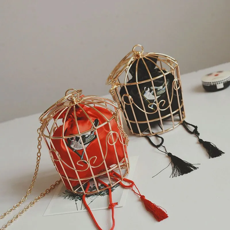 Christmas Gift Women's Birdcage Evening Bag Clutch Metal Frame Embroidery Bucket Bird Cage Mini Bag Purse Women Gold Tassel Handbag
