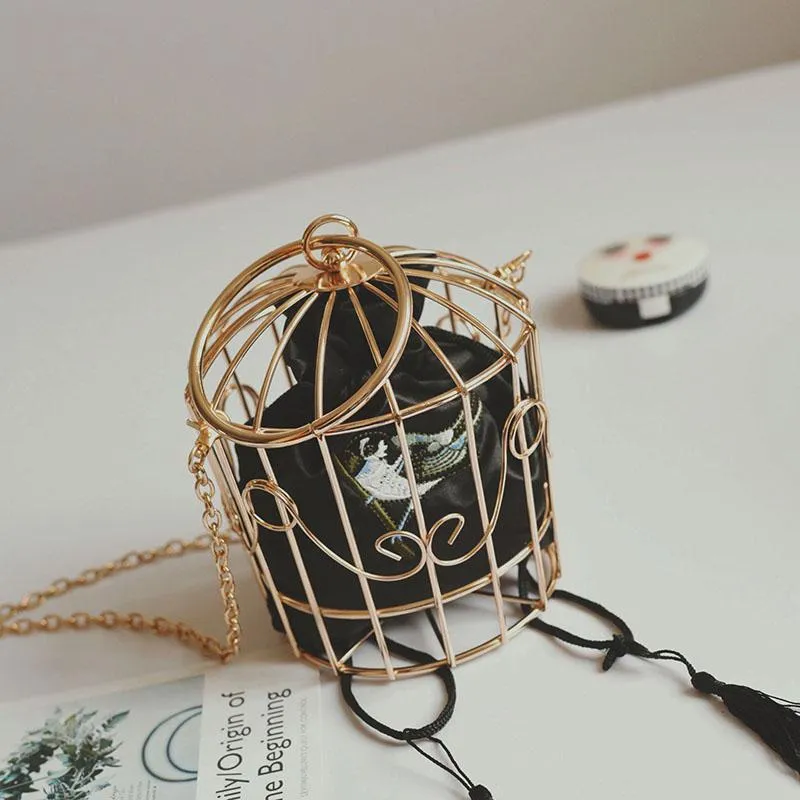 Christmas Gift Women's Birdcage Evening Bag Clutch Metal Frame Embroidery Bucket Bird Cage Mini Bag Purse Women Gold Tassel Handbag