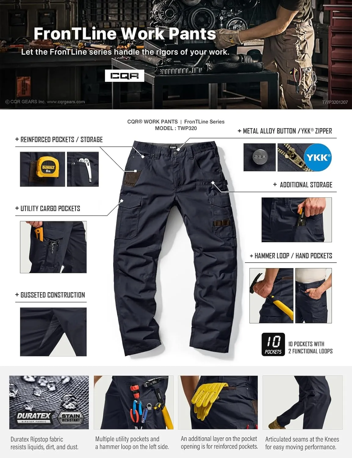CQR Men's Quick Dry Work Pants, Water Resistant Outdoor Tactical Pants, Lightweight Stretch Cargo Hiking Pants