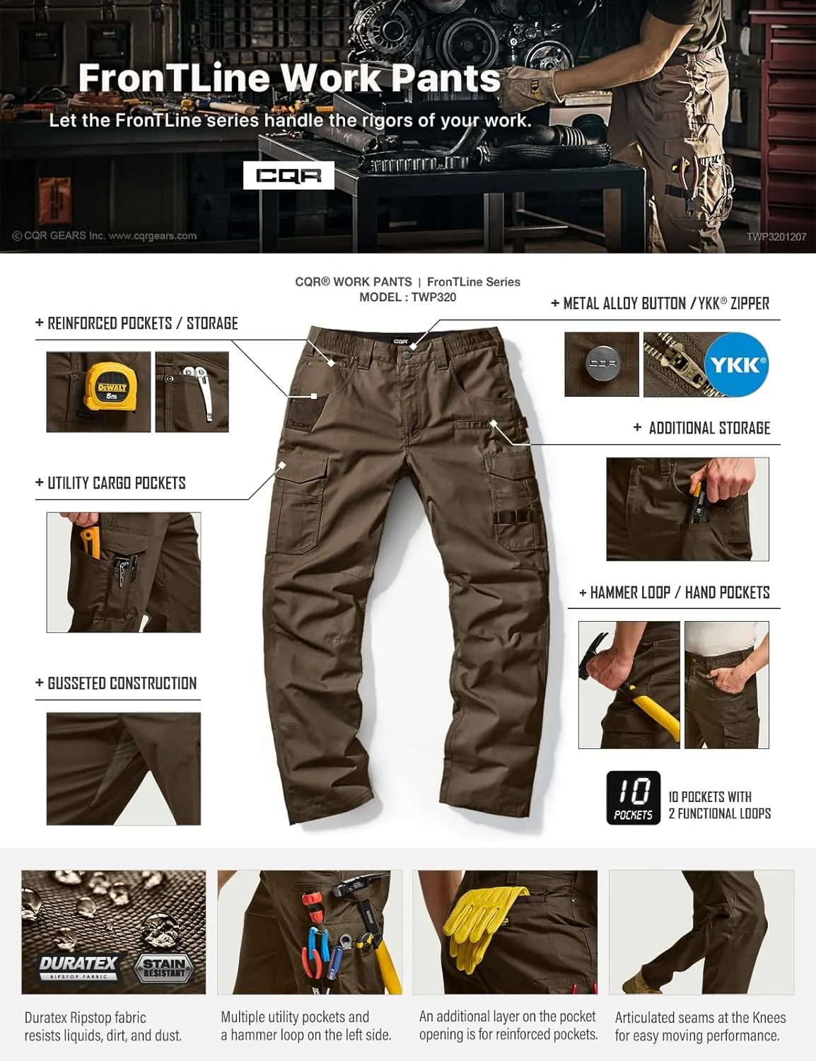 CQR Men's Quick Dry Work Pants, Water Resistant Outdoor Tactical Pants, Lightweight Stretch Cargo Hiking Pants