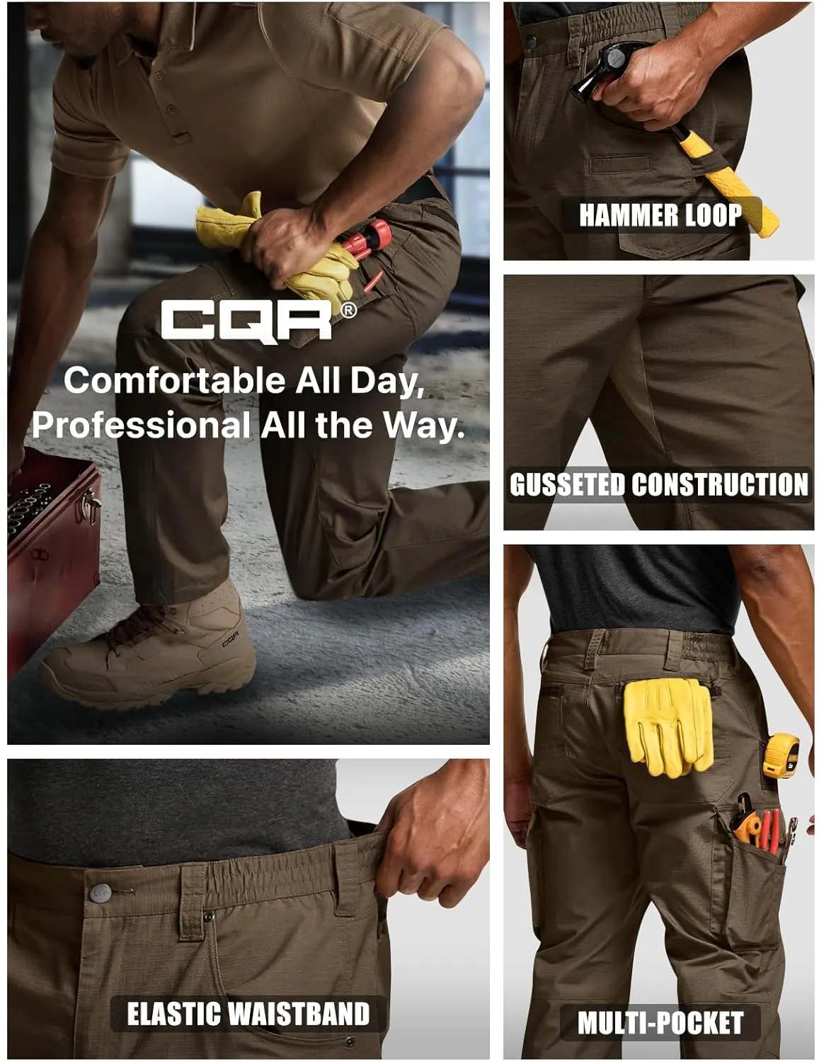 CQR Men's Quick Dry Work Pants, Water Resistant Outdoor Tactical Pants, Lightweight Stretch Cargo Hiking Pants