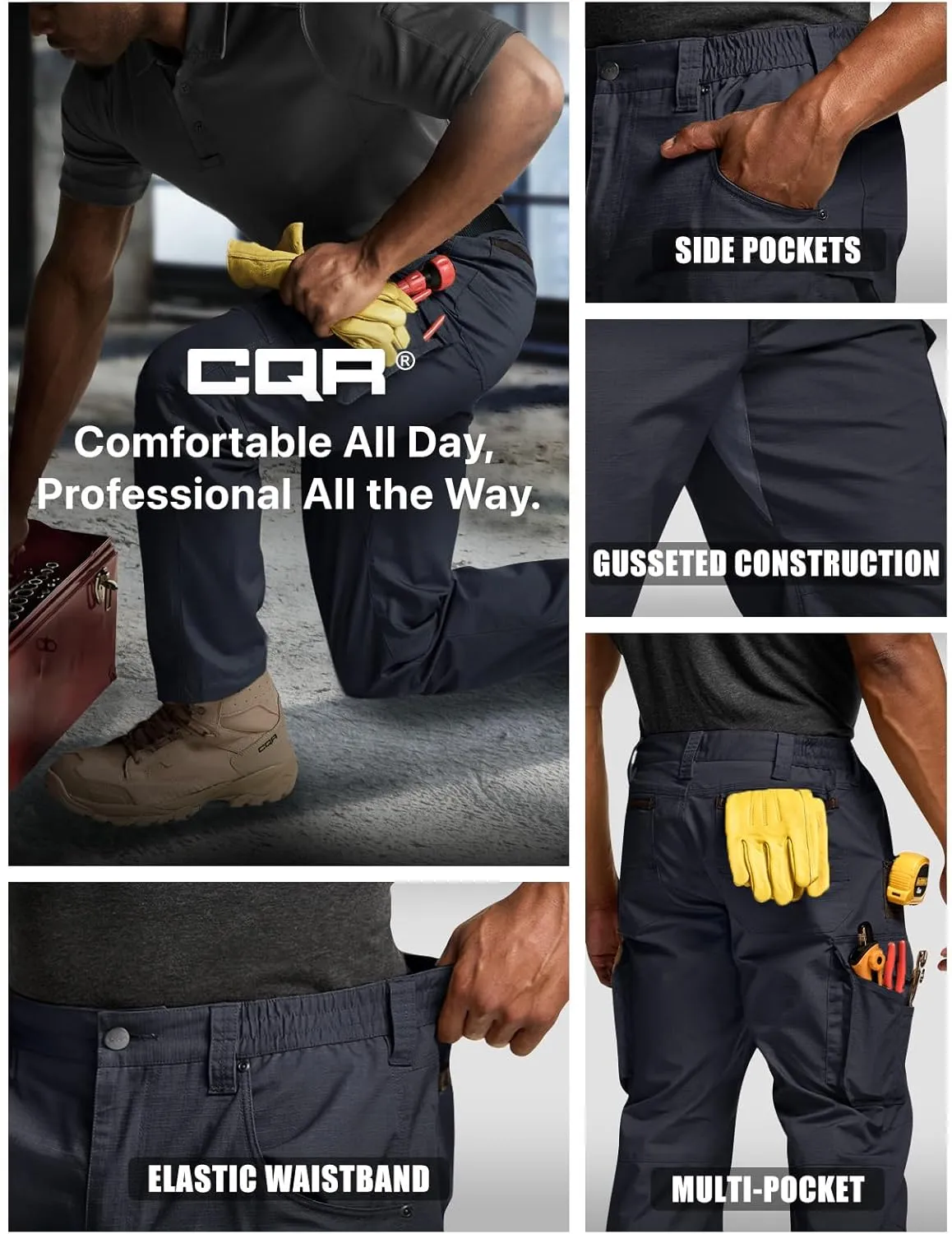 CQR Men's Quick Dry Work Pants, Water Resistant Outdoor Tactical Pants, Lightweight Stretch Cargo Hiking Pants