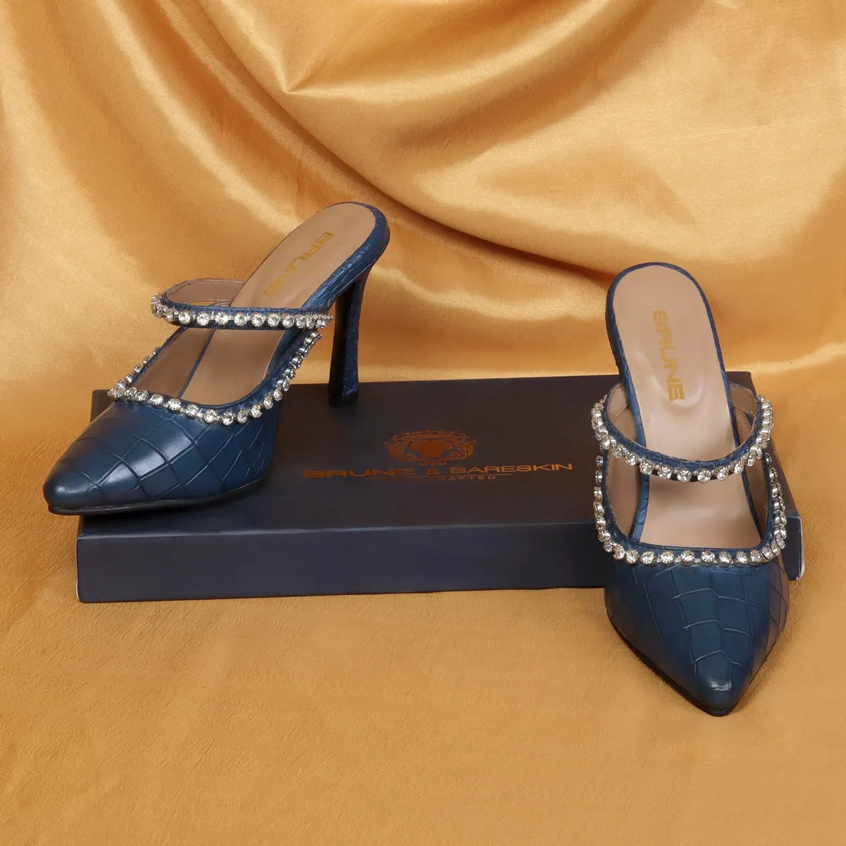 Crystal Stone Heel Pumps Blue Pointed Toe Deep Cut Croco Print leather Partywear Footwear For Ladies By Brune & Bareskin