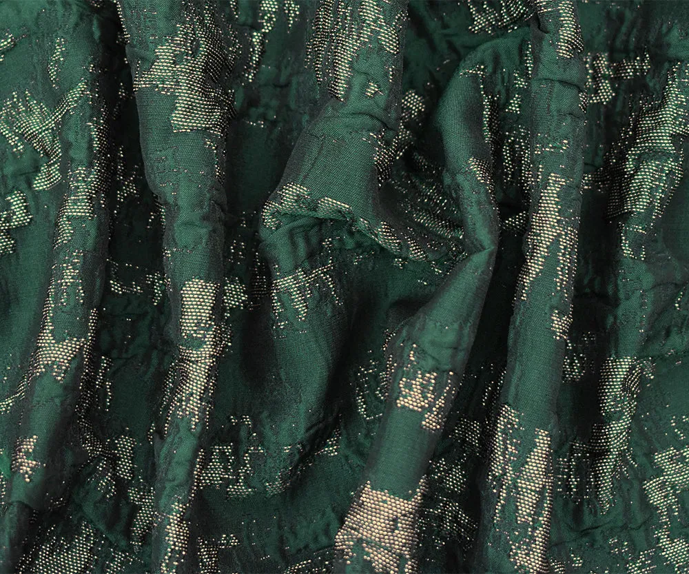 Deep Green-Gold Poly Blend Texture Abstract Matelasse Jacquard Brocade Fabric