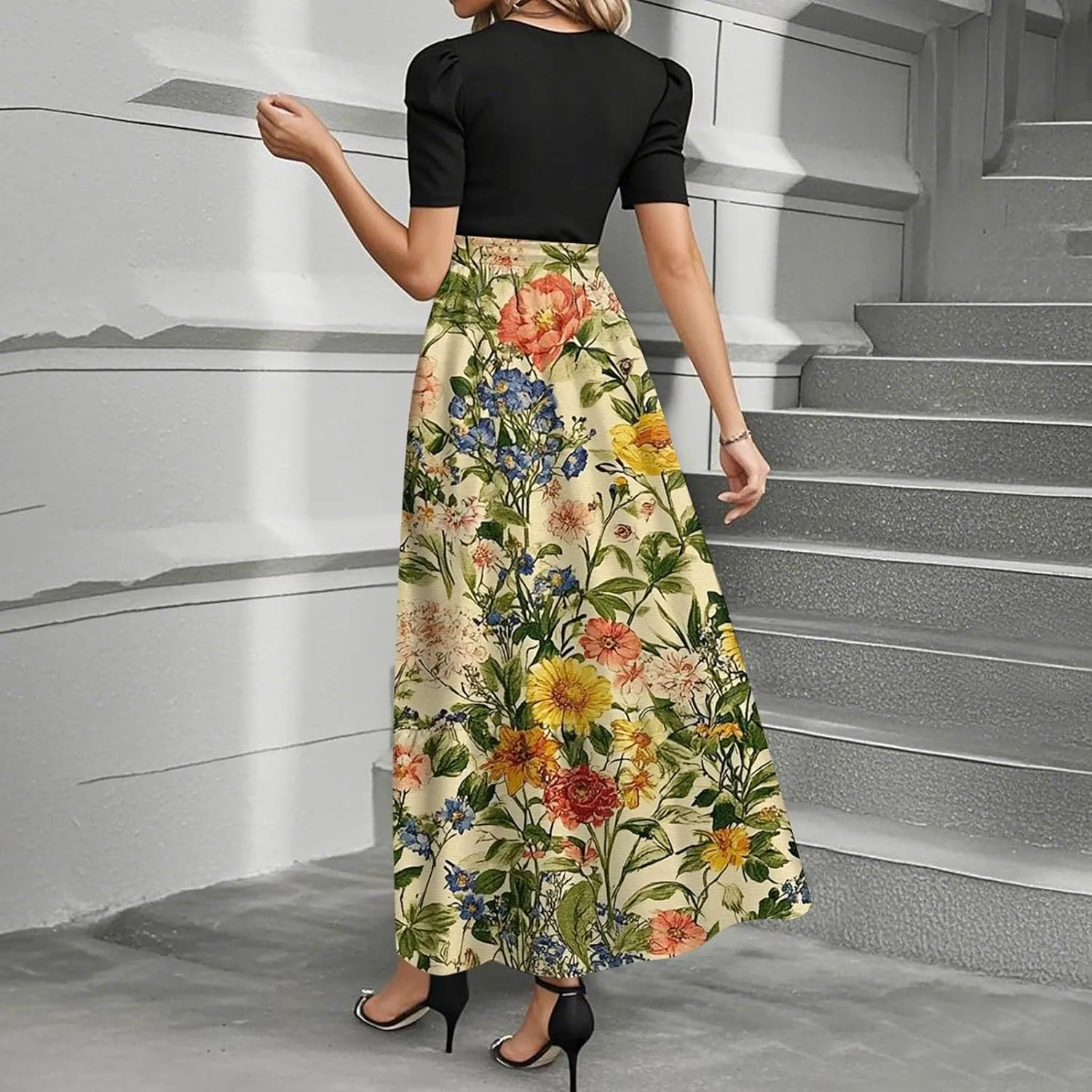 Dresses for Women 2025 Spring Maxi Dress Short Sleeve Crew Neck Empire Waist Dresses Tailored Fit Vacation Dress