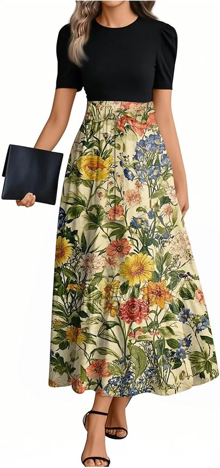 Dresses for Women 2025 Spring Maxi Dress Short Sleeve Crew Neck Empire Waist Dresses Tailored Fit Vacation Dress