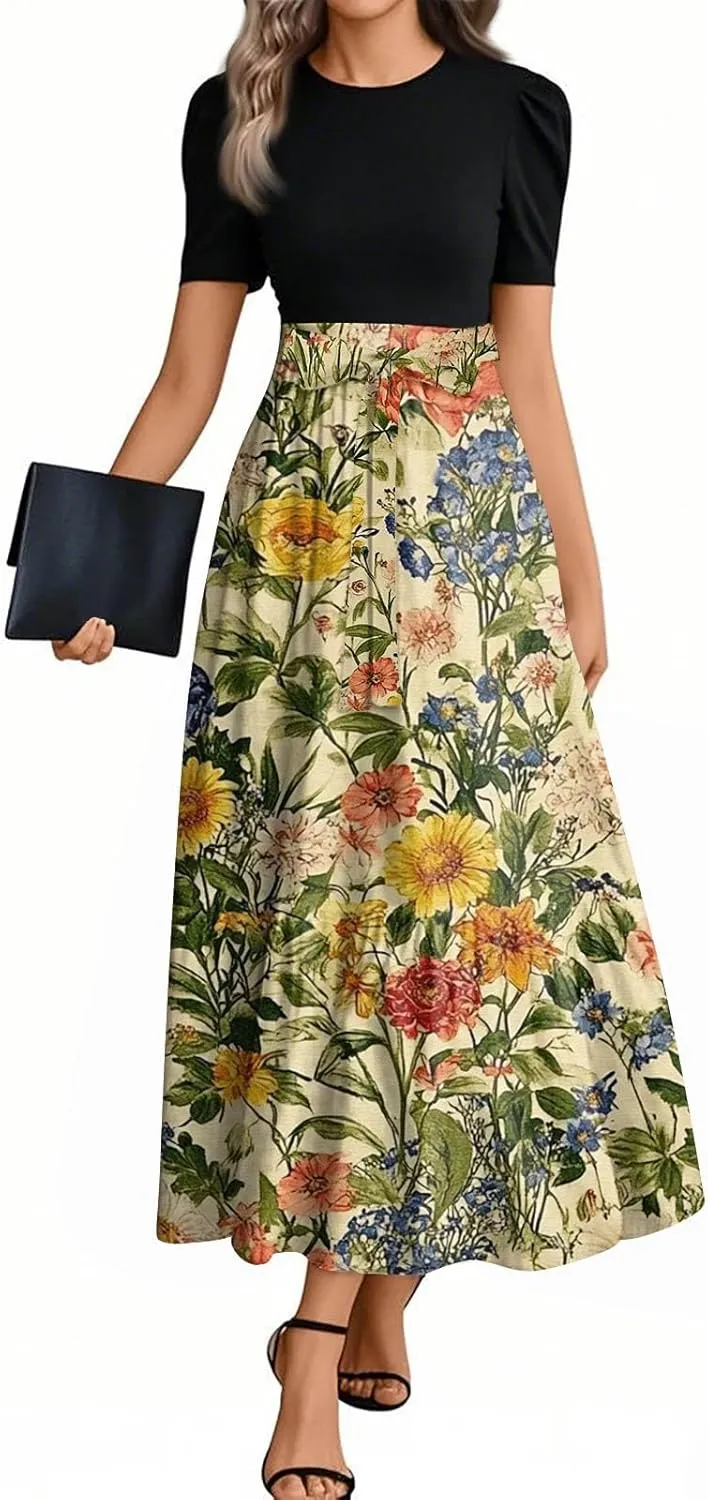 Dresses for Women 2025 Spring Maxi Dress Short Sleeve Crew Neck Empire Waist Dresses Tailored Fit Vacation Dress