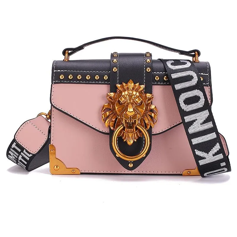 Fashion Designer Metal Lion Head Square Pack Shoulder Bag Crossbody Clutch Women Wallet Handbags 1