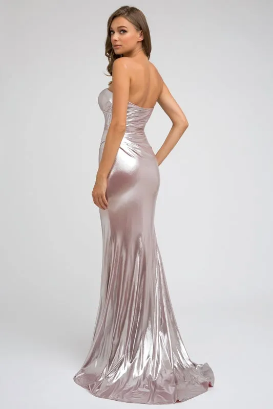 Fitted Strapless Metallic Gown by Juliet 222