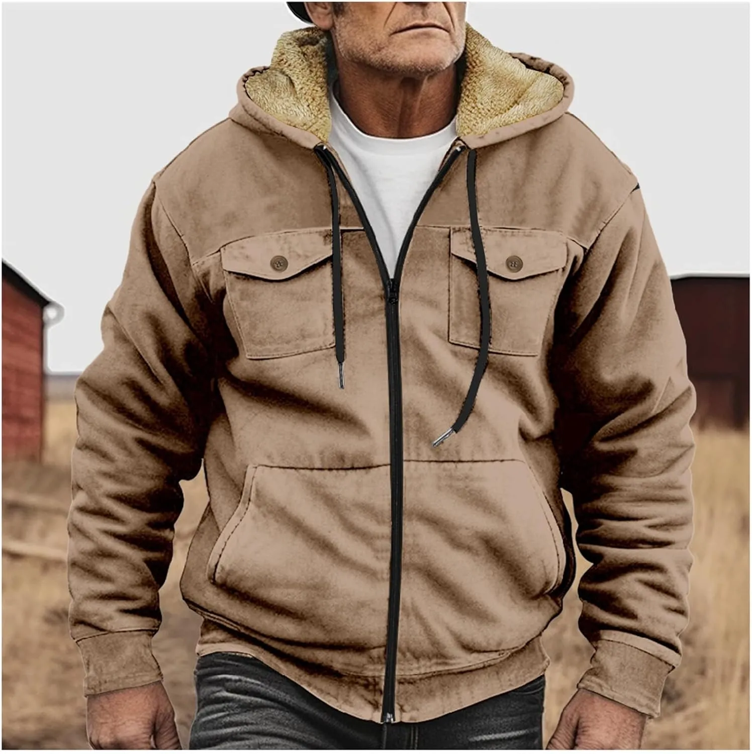 Fleece Jacket Men 2024 Vintage Fuzzy Sherpa Lined Jackets Casual Zipper Winter Warm Jacket Coats with Cargo Pockets