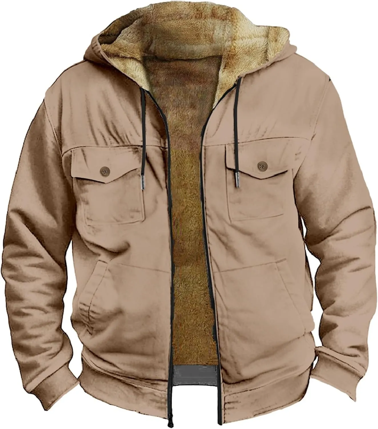 Fleece Jacket Men 2024 Vintage Fuzzy Sherpa Lined Jackets Casual Zipper Winter Warm Jacket Coats with Cargo Pockets
