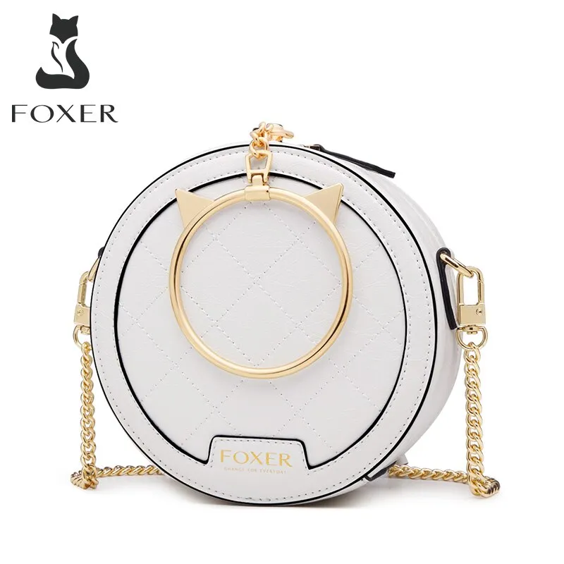 FOXER Cow Split Leather Round Shoulder Bag for Ladies Fashion Show Female Round Clutch Party Bag Women Mini Purse Crossbody Bag
