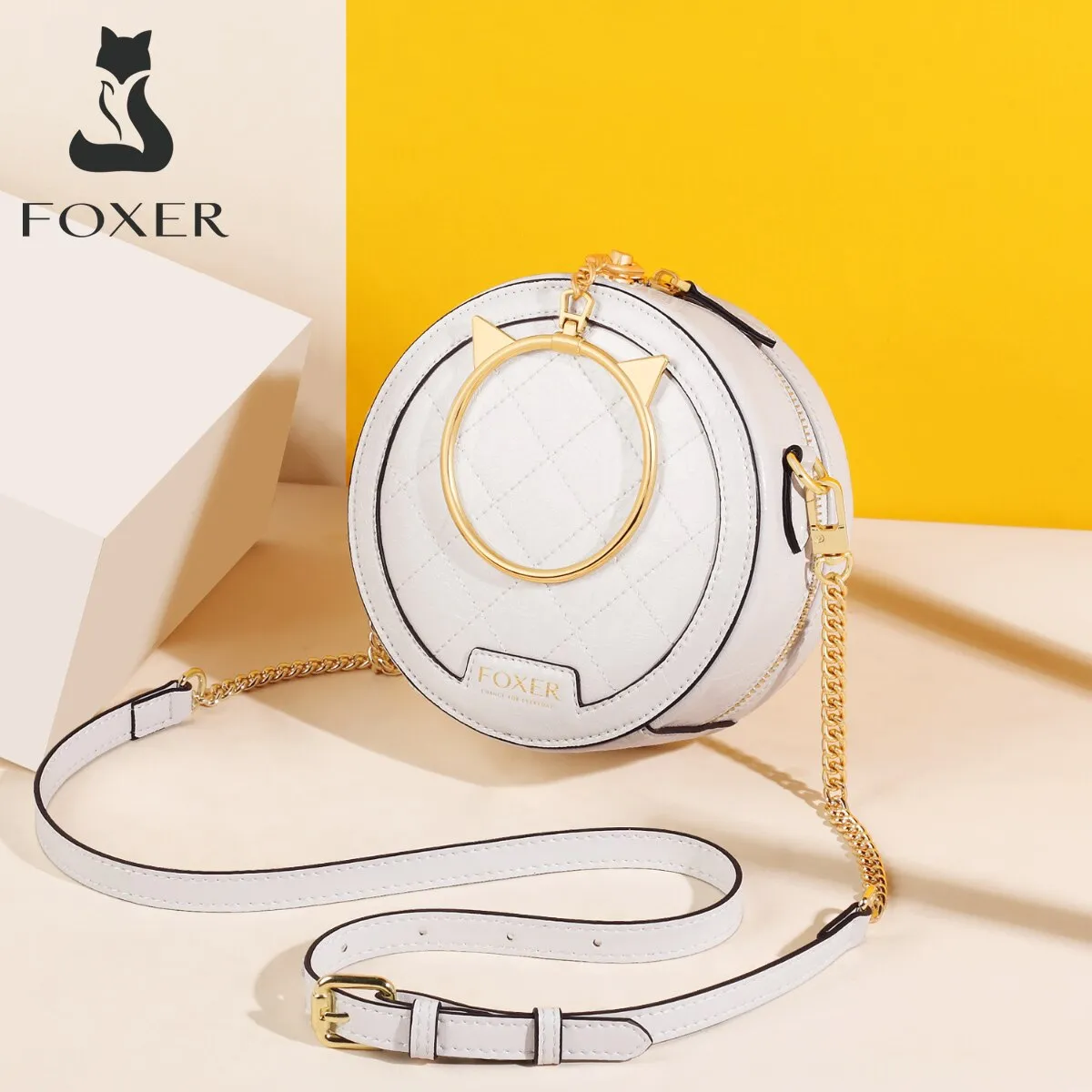 FOXER Cow Split Leather Round Shoulder Bag for Ladies Fashion Show Female Round Clutch Party Bag Women Mini Purse Crossbody Bag