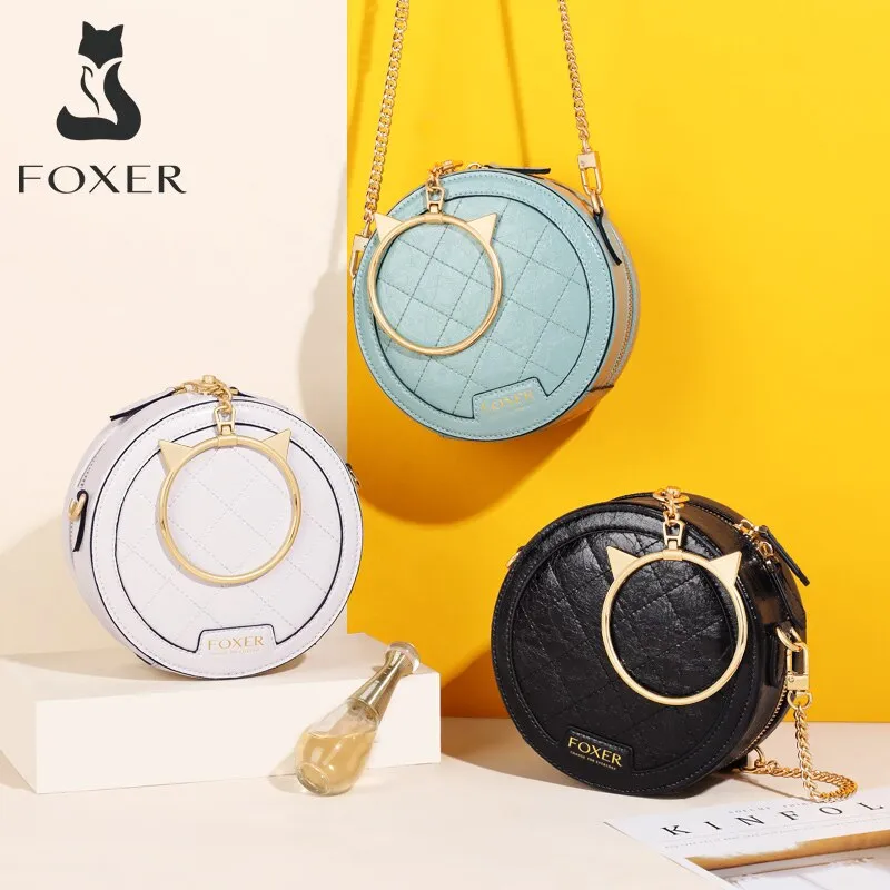 FOXER Cow Split Leather Round Shoulder Bag for Ladies Fashion Show Female Round Clutch Party Bag Women Mini Purse Crossbody Bag