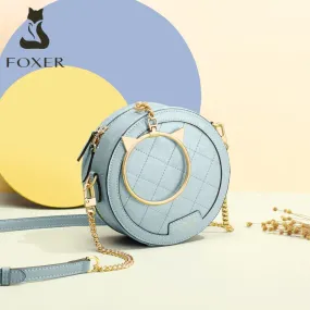 FOXER Cow Split Leather Round Shoulder Bag for Ladies Fashion Show Female Round Clutch Party Bag Women Mini Purse Crossbody Bag