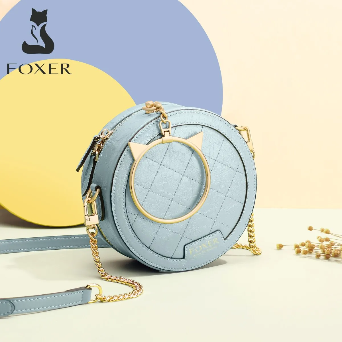 FOXER Cow Split Leather Round Shoulder Bag for Ladies Fashion Show Female Round Clutch Party Bag Women Mini Purse Crossbody Bag