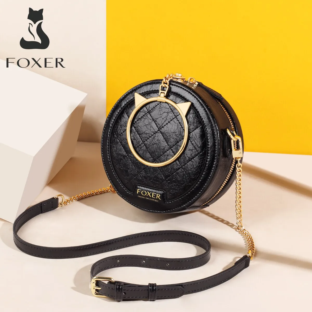 FOXER Cow Split Leather Round Shoulder Bag for Ladies Fashion Show Female Round Clutch Party Bag Women Mini Purse Crossbody Bag
