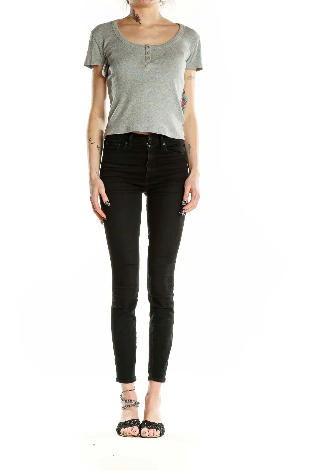 Gray Cotton Henley Crop Top
