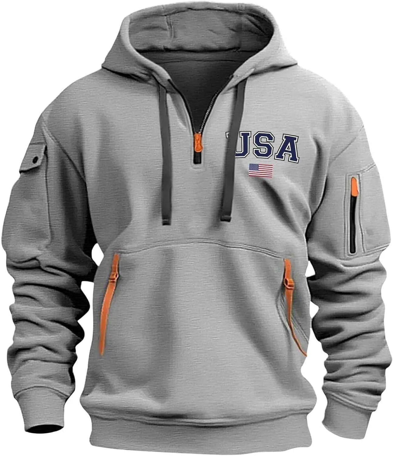 Hoodies for Men Quarter-Zip Pullover Tactical Sweatshirt USA Flag Print Vintage Casual Fashion Hoodie With Pockets