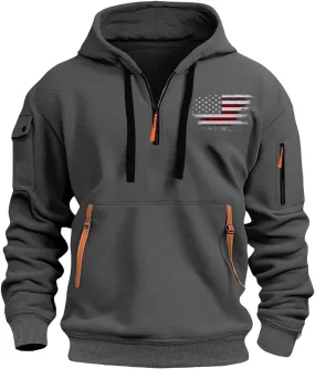 Hoodies for Men Quarter-Zip Pullover Tactical Sweatshirt USA Flag Print Vintage Casual Fashion Hoodie With Pockets