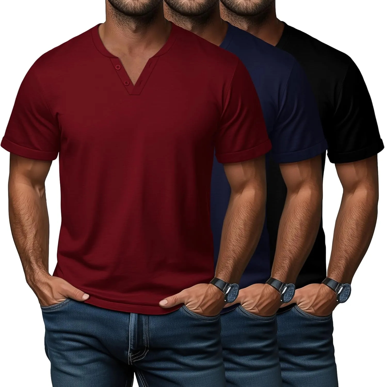 Huukeay 3 Pack Big and Tall Men's Short Sleeve Henley T Shirts Cotton Summer Casual Basic Tee Button Lightweight Stretch Top